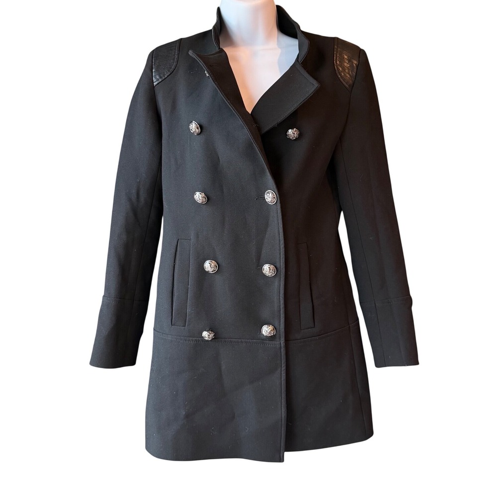 Grace Chow Coat Size Small Black Double Breasted Military Longline Faux Leather